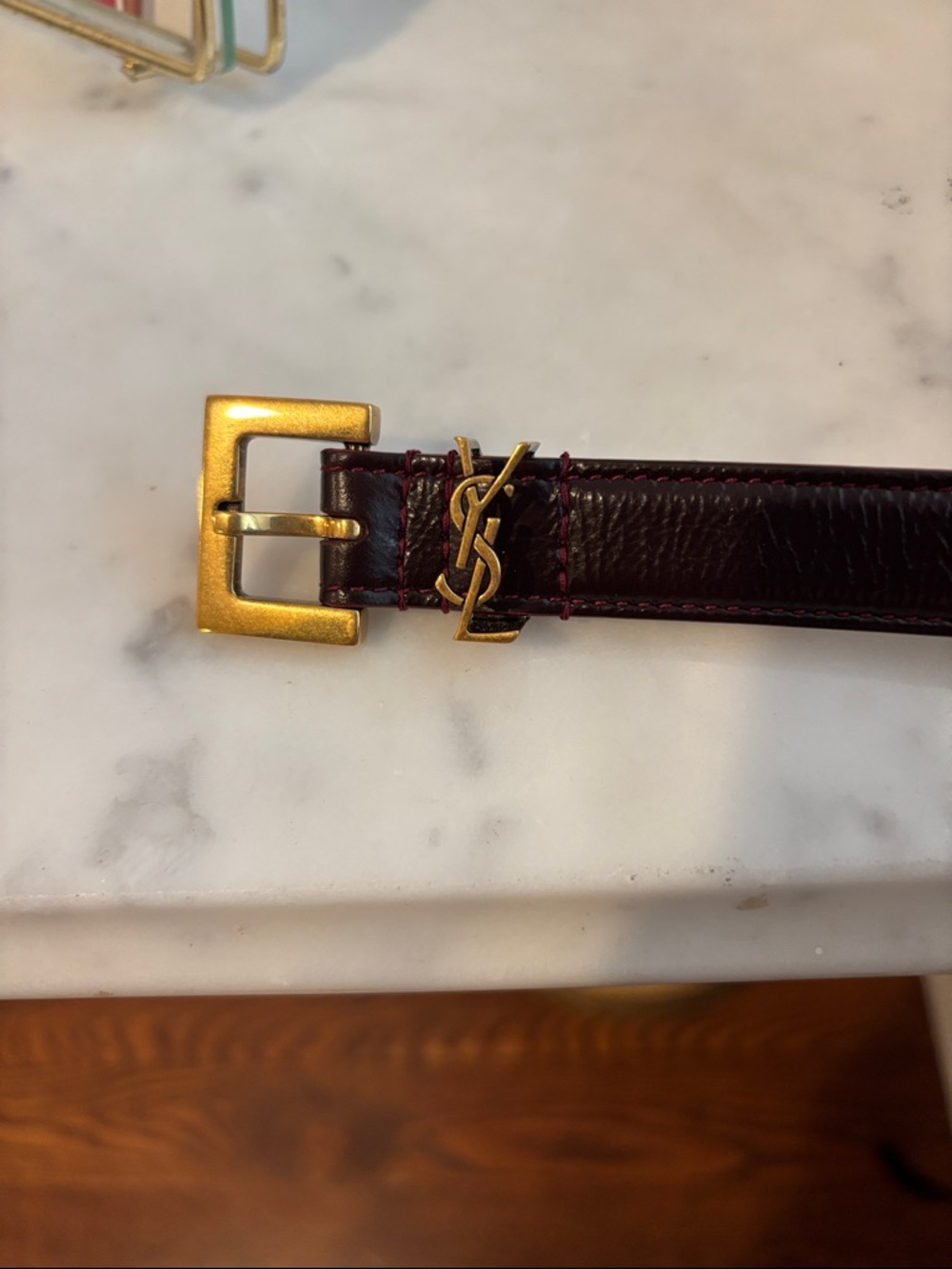 Saint Laurent Burgundy Skinny Leather Belt with Gold Hardware and Stitching